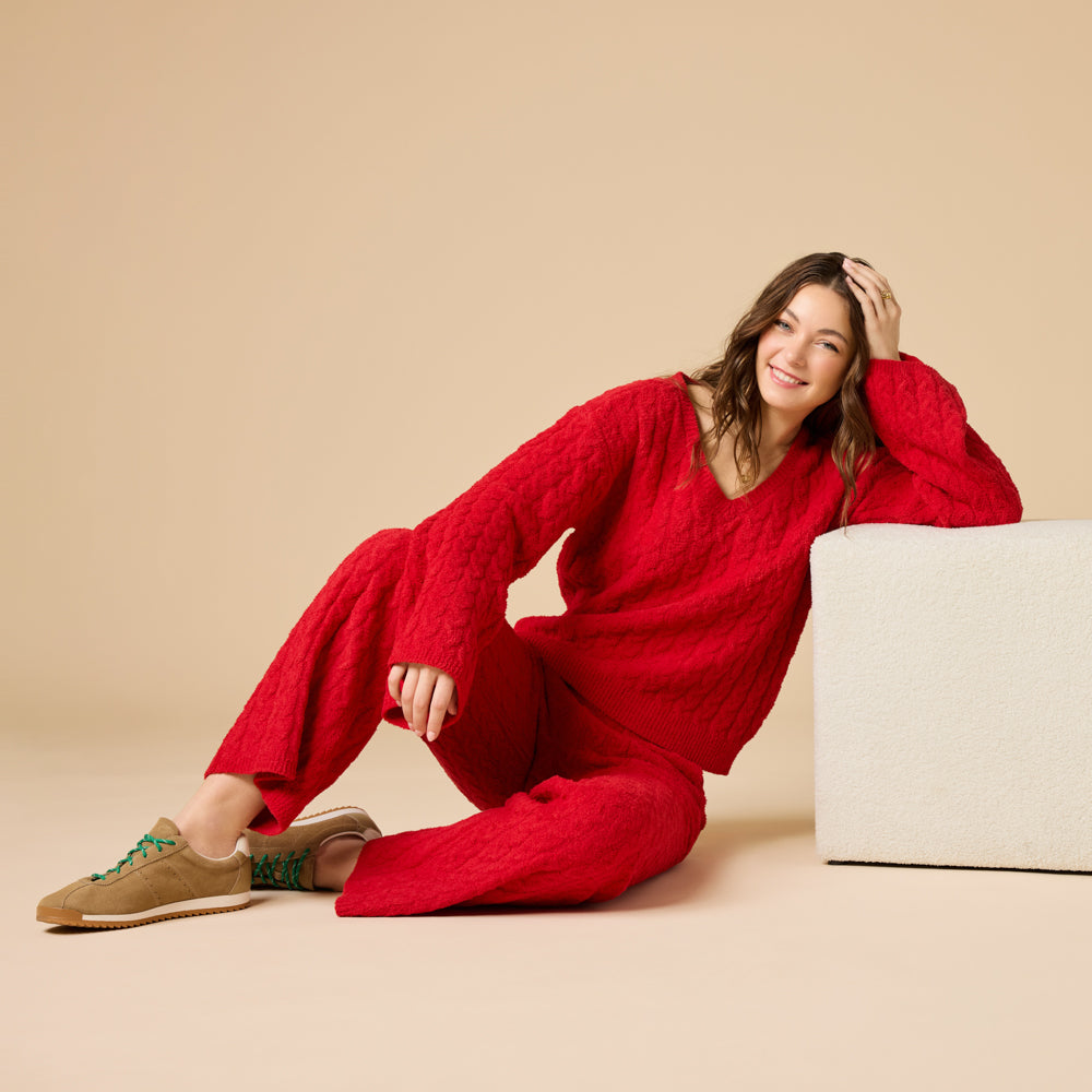 Cable Knit Marshmallow V-Neck with Flared Sleeve and Pant Cable Knit Marshmallow V-Neck with Flared Sleeve and Pant in Red