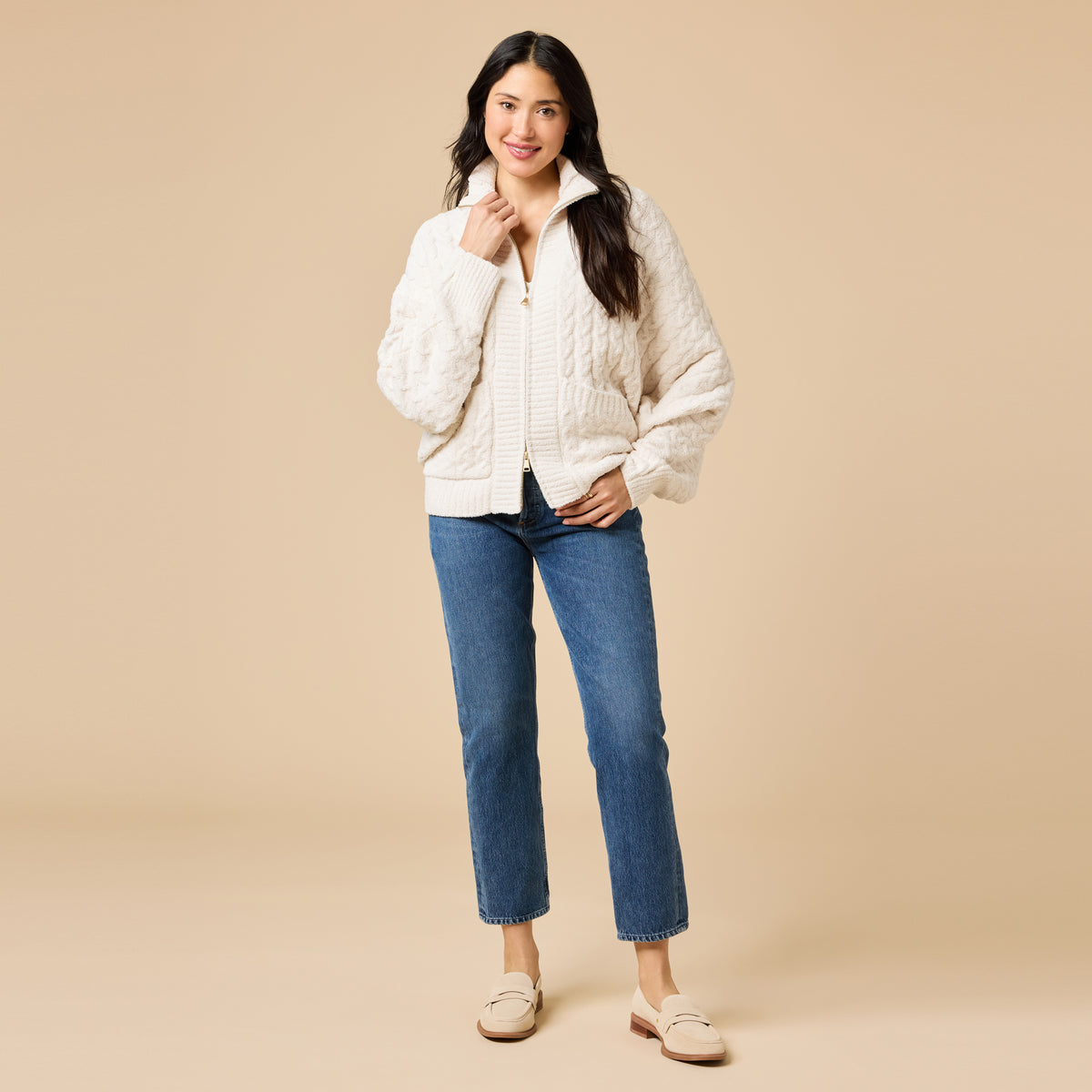 Cable Knit Marshmallow Funnel Neck Double Zip Jacket Cable Knit Marshmallow Funnel Neck Double Zip Jacket in Almond