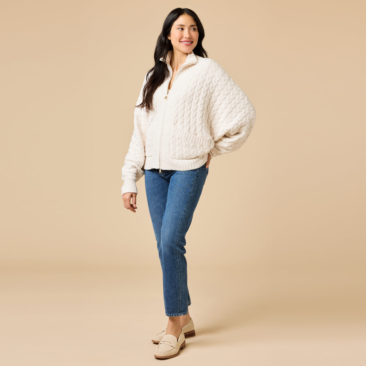Cable Knit Marshmallow Funnel Neck Double Zip Jacket Cable Knit Marshmallow Funnel Neck Double Zip Jacket in Almond