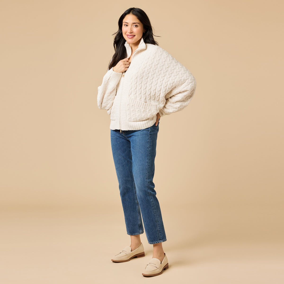 Cable Knit Marshmallow Funnel Neck Double Zip Jacket Cable Knit Marshmallow Funnel Neck Double Zip Jacket in Almond