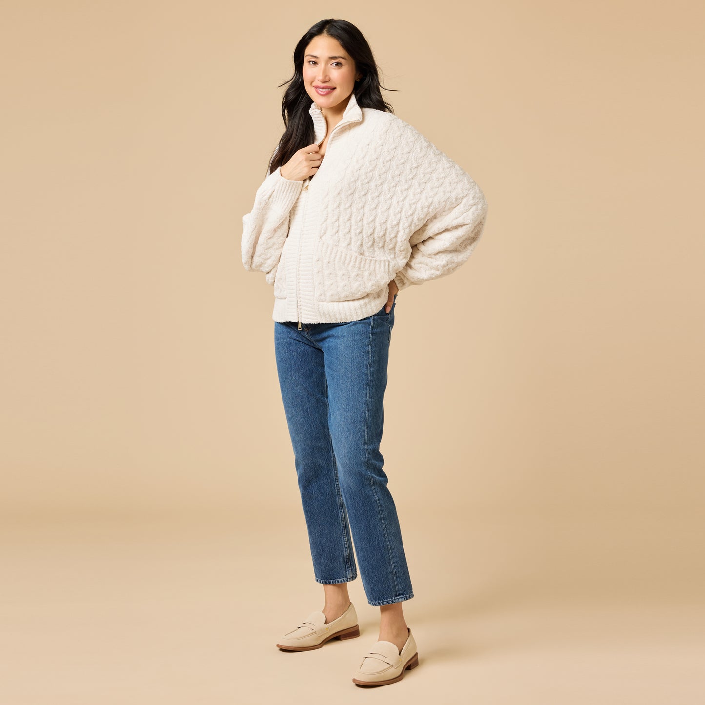 Cable Knit Marshmallow Funnel Neck Double Zip Jacket in Almond