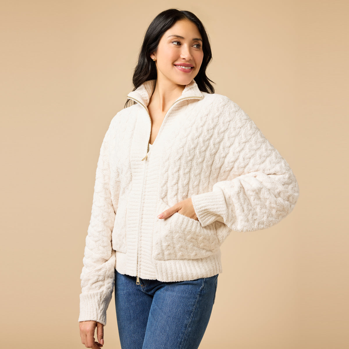 Cable Knit Marshmallow Funnel Neck Double Zip Jacket Cable Knit Marshmallow Funnel Neck Double Zip Jacket in Almond