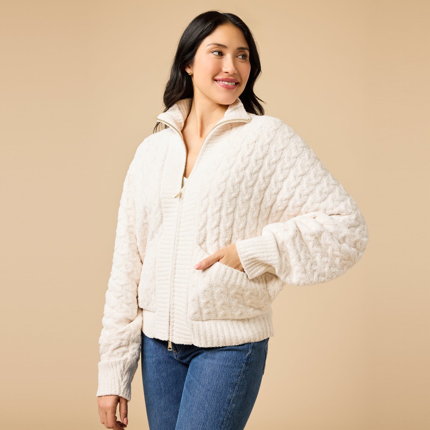 Cable Knit Marshmallow Funnel Neck Double Zip Jacket in Almond