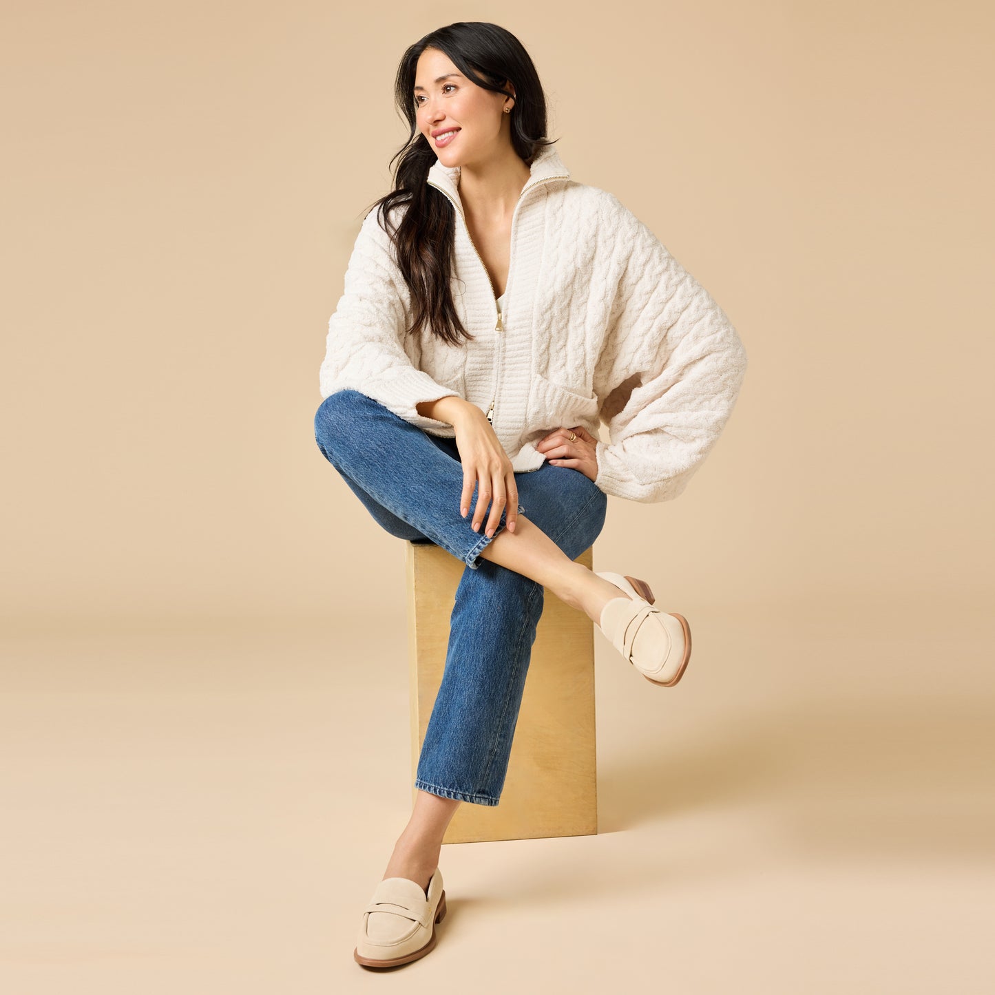 Cable Knit Marshmallow Funnel Neck Double Zip Jacket in Almond