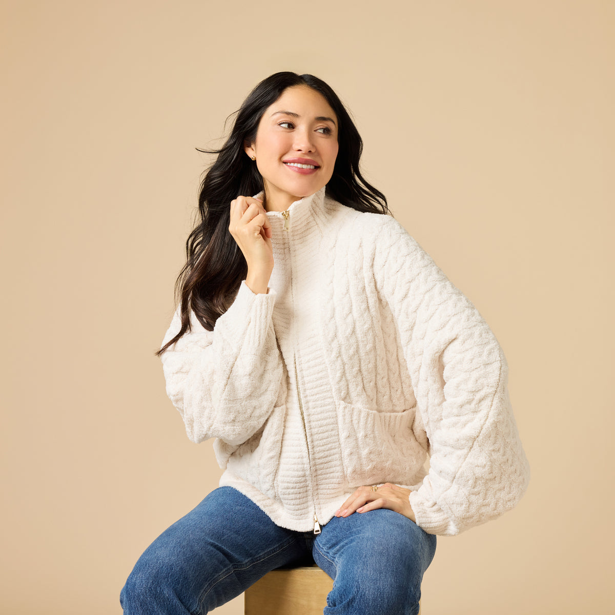 Cable Knit Marshmallow Funnel Neck Double Zip Jacket Cable Knit Marshmallow Funnel Neck Double Zip Jacket in Almond