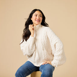 Cable Knit Marshmallow Funnel Neck Double Zip Jacket Cable Knit Marshmallow Funnel Neck Double Zip Jacket in Almond