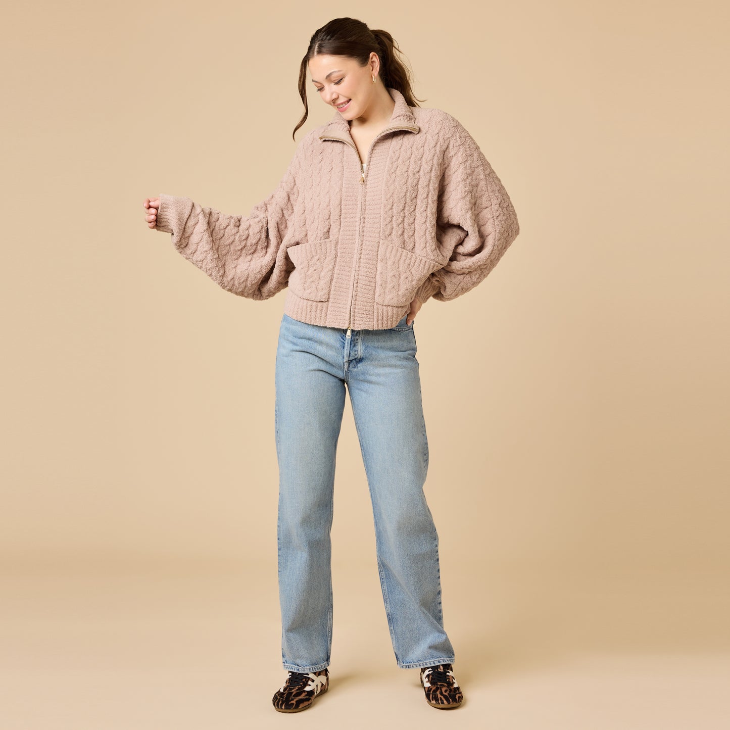 Cable Knit Marshmallow Funnel Neck Double Zip Jacket in Coco