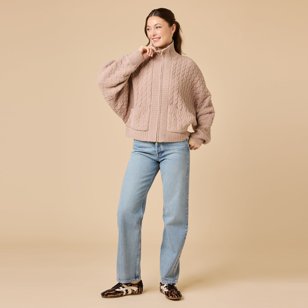 Cable Knit Marshmallow Funnel Neck Double Zip Jacket Cable Knit Marshmallow Funnel Neck Double Zip Jacket in Coco