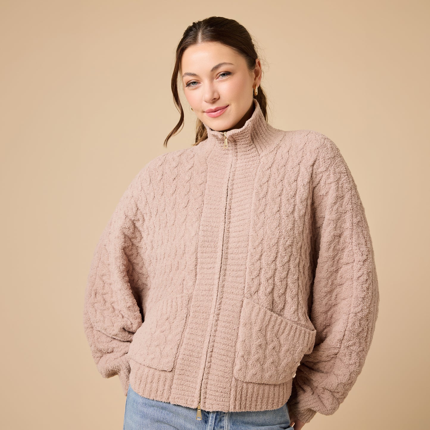 Cable Knit Marshmallow Funnel Neck Double Zip Jacket in Coco