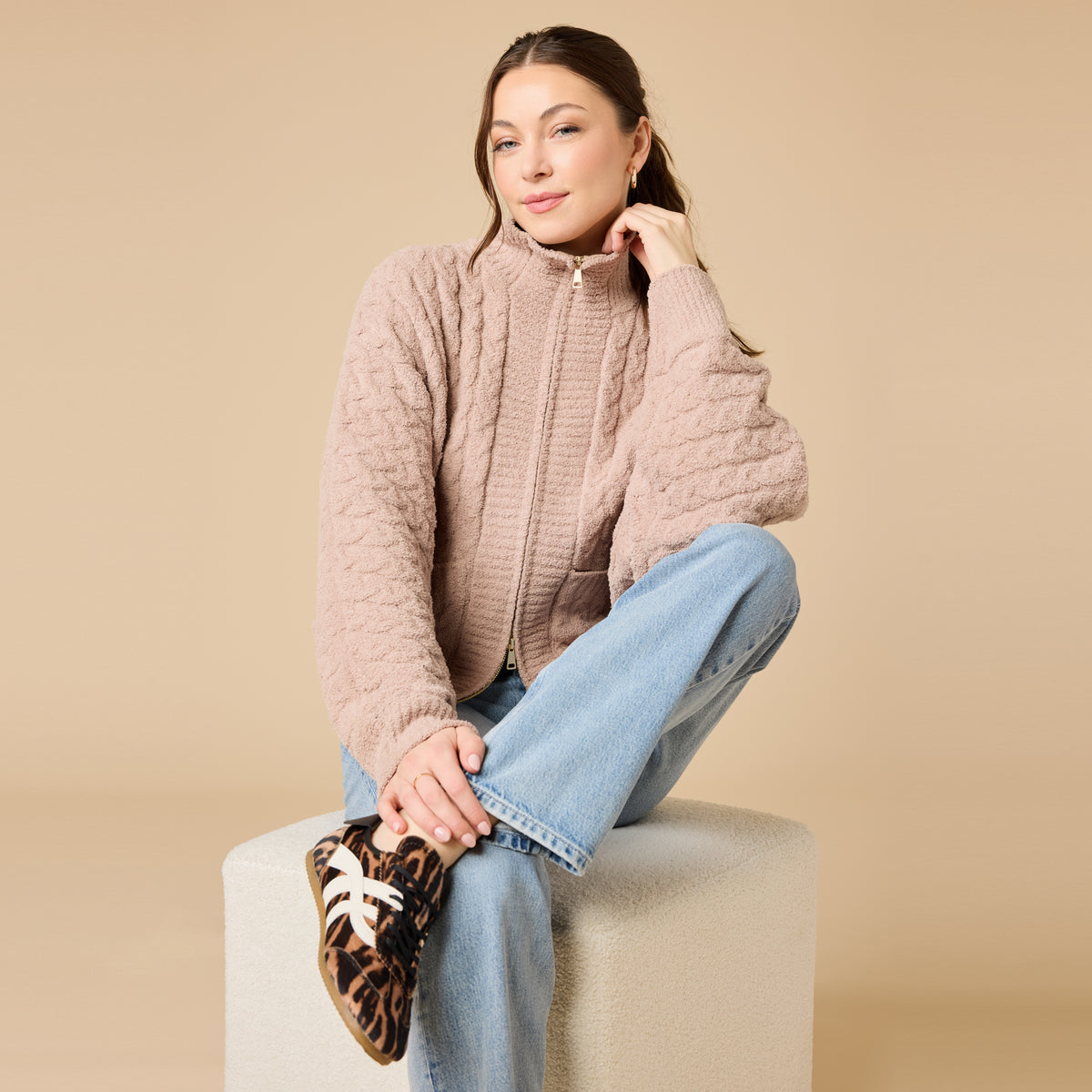 Cable Knit Marshmallow Funnel Neck Double Zip Jacket Cable Knit Marshmallow Funnel Neck Double Zip Jacket in Coco