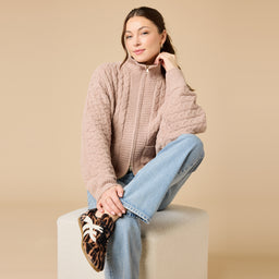 Cable Knit Marshmallow Funnel Neck Double Zip Jacket Cable Knit Marshmallow Funnel Neck Double Zip Jacket in Coco