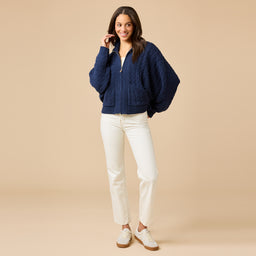 Cable Knit Marshmallow Funnel Neck Double Zip Jacket Cable Knit Marshmallow Funnel Neck Double Zip Jacket in Midnight