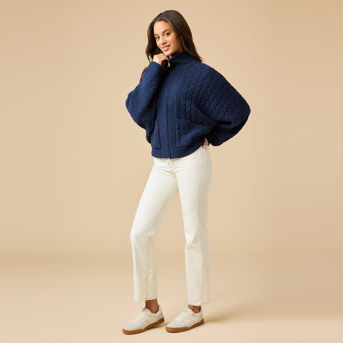 Cable Knit Marshmallow Funnel Neck Double Zip Jacket Cable Knit Marshmallow Funnel Neck Double Zip Jacket in Midnight
