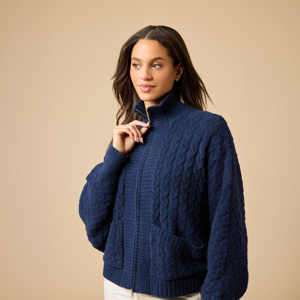 Cable Knit Marshmallow Funnel Neck Double Zip Jacket Cable Knit Marshmallow Funnel Neck Double Zip Jacket in Midnight