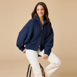 Cable Knit Marshmallow Funnel Neck Double Zip Jacket Cable Knit Marshmallow Funnel Neck Double Zip Jacket in Midnight