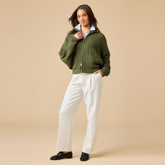 Cable Knit Marshmallow Funnel Neck Double Zip Jacket in Olive