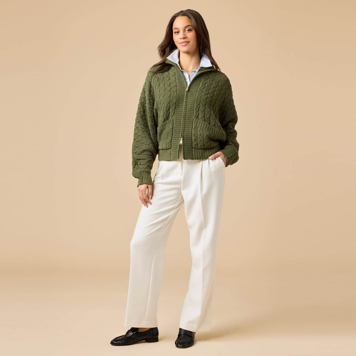 Cable Knit Marshmallow Funnel Neck Double Zip Jacket Cable Knit Marshmallow Funnel Neck Double Zip Jacket in Olive