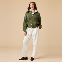 Cable Knit Marshmallow Funnel Neck Double Zip Jacket Cable Knit Marshmallow Funnel Neck Double Zip Jacket in Olive