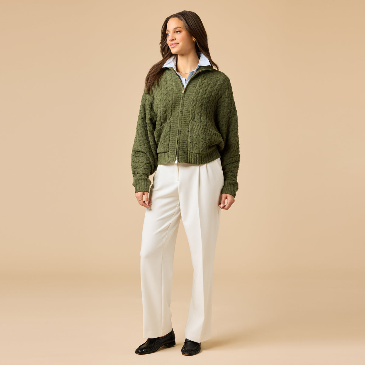 Cable Knit Marshmallow Funnel Neck Double Zip Jacket Cable Knit Marshmallow Funnel Neck Double Zip Jacket in Olive