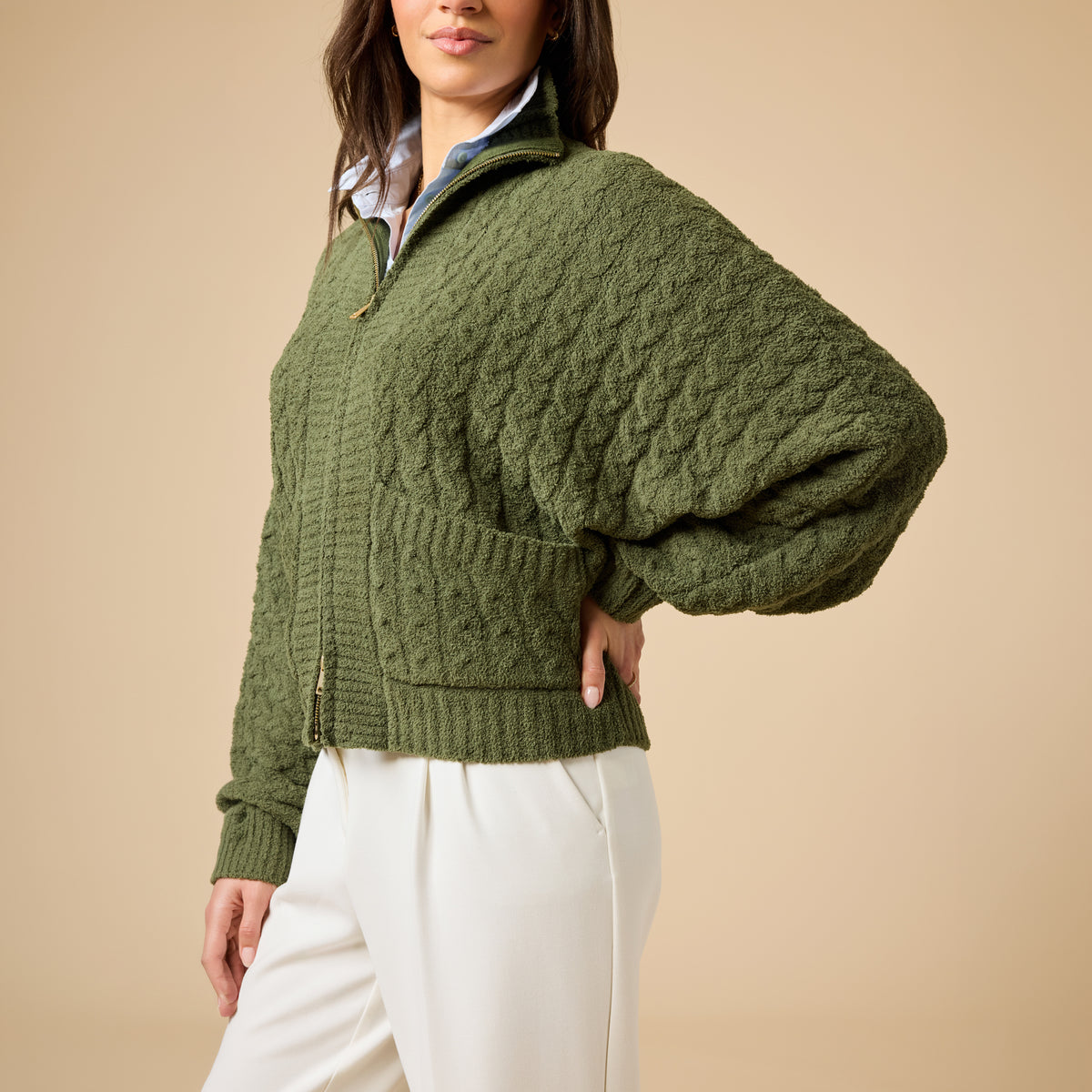 Cable Knit Marshmallow Funnel Neck Double Zip Jacket Cable Knit Marshmallow Funnel Neck Double Zip Jacket in Olive