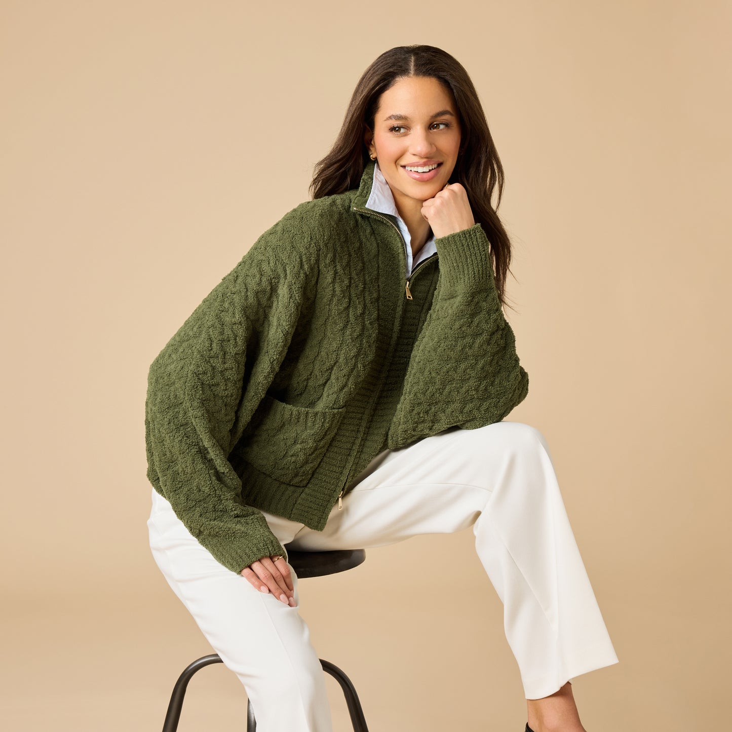 Cable Knit Marshmallow Funnel Neck Double Zip Jacket in Olive