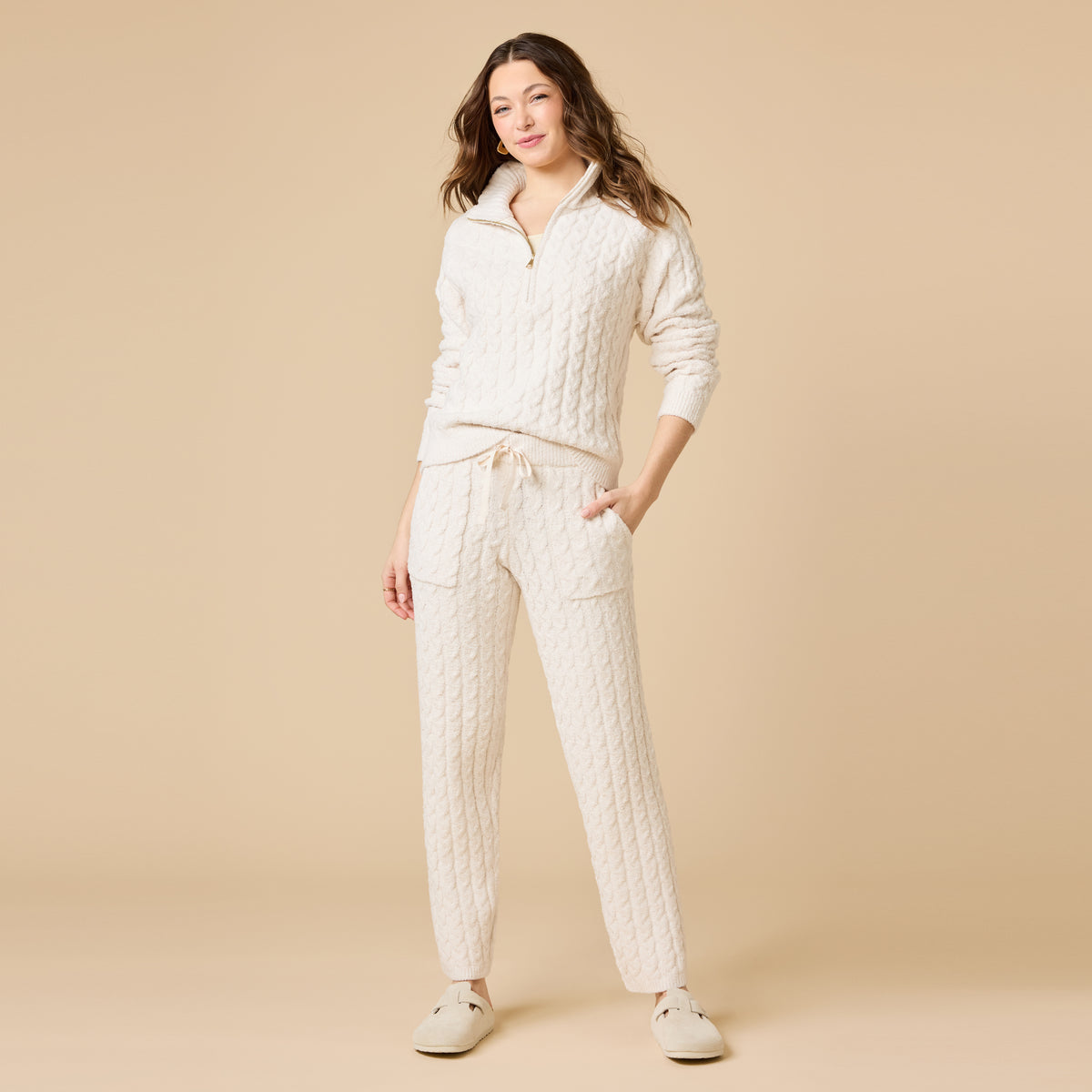 Cable Knit Marshmallow 1/2 Zip with Tapered Pant Cable Knit Marshmallow 1/2 Zip with Tapered Pant in Almond