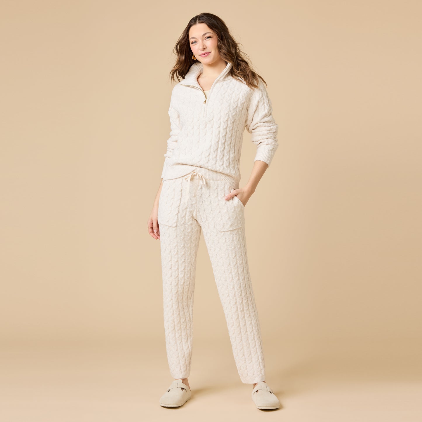Cable Knit Marshmallow 1/2 Zip with Tapered Pant in Almond
