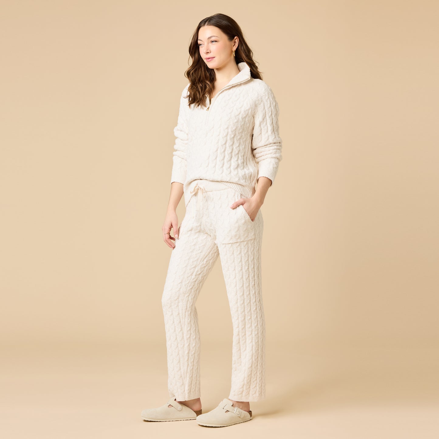 Cable Knit Marshmallow 1/2 Zip with Tapered Pant in Almond