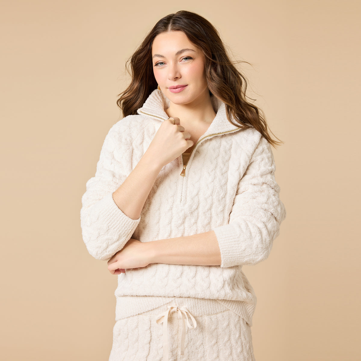 Cable Knit Marshmallow 1/2 Zip with Tapered Pant Cable Knit Marshmallow 1/2 Zip with Tapered Pant in Almond