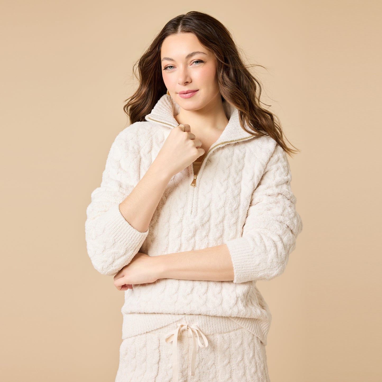 Cable Knit Marshmallow 1/2 Zip with Tapered Pant in Almond
