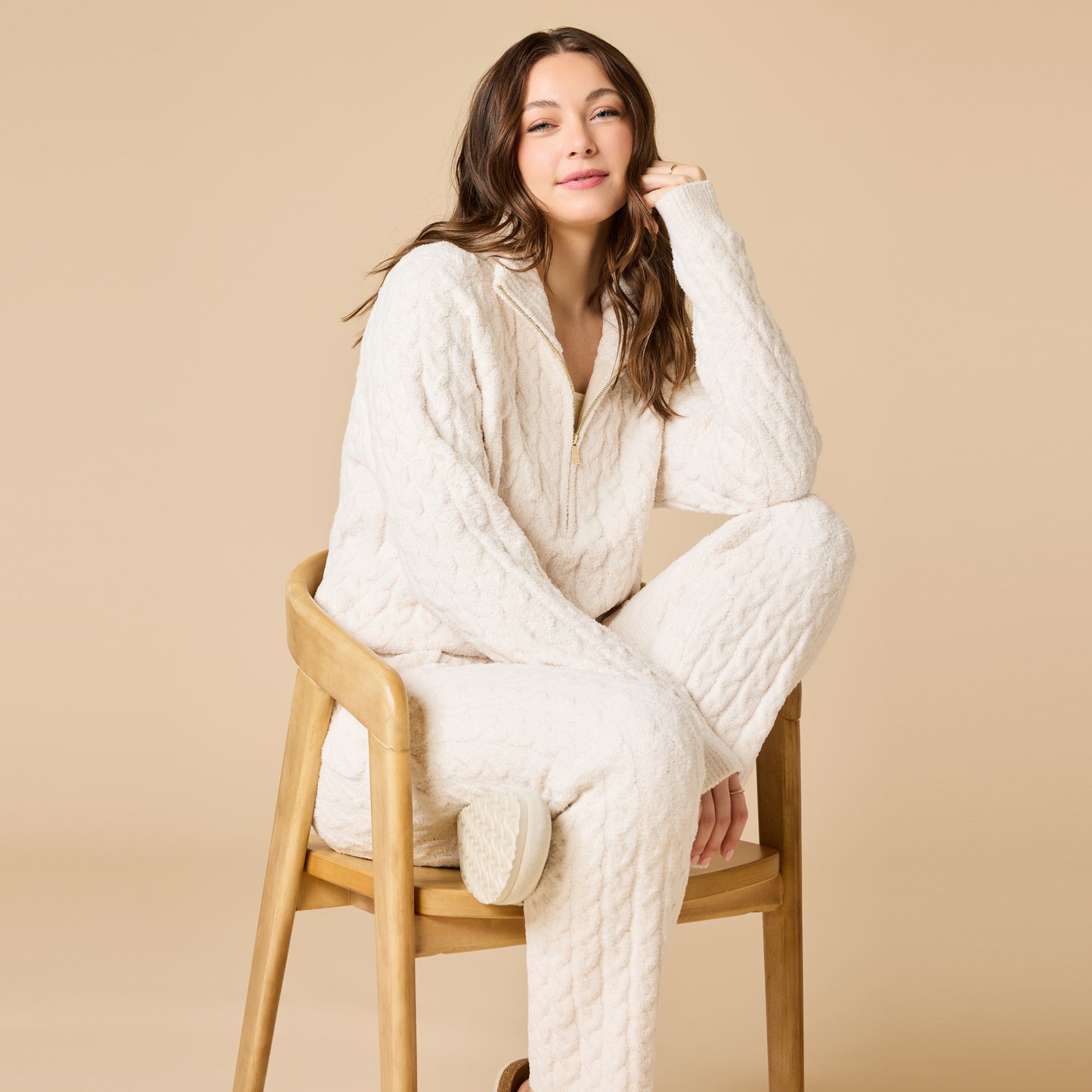 Cable Knit Marshmallow 1/2 Zip with Tapered Pant in Almond