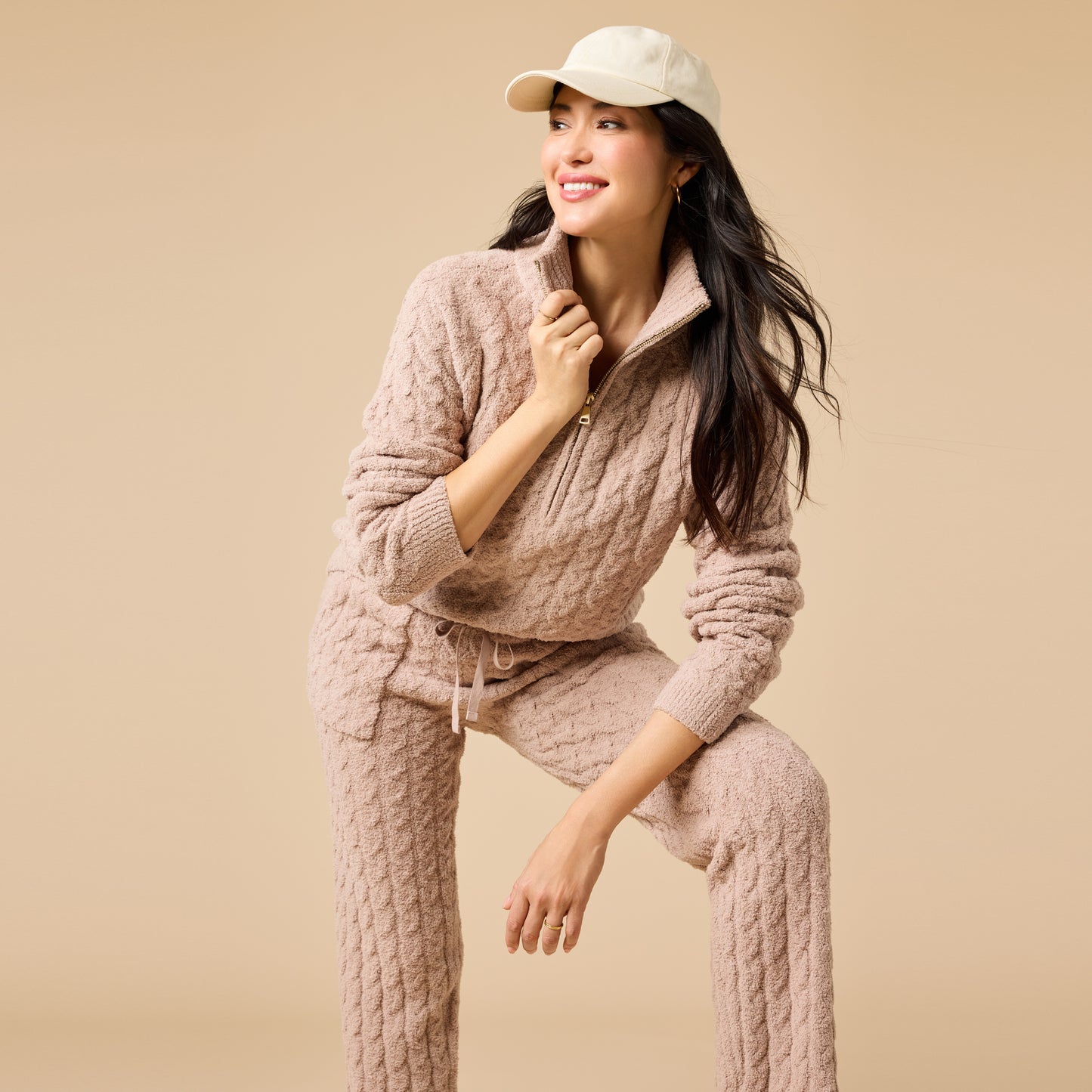 Cable Knit Marshmallow 1/2 Zip with Tapered Pant in Coco