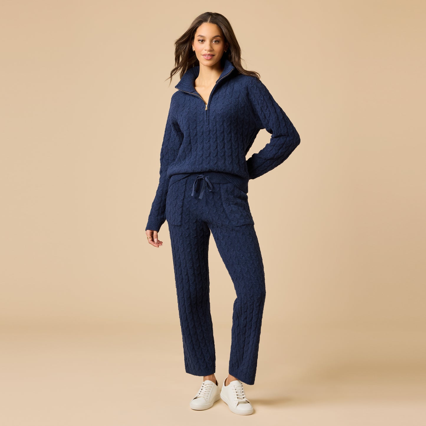 Cable Knit Marshmallow 1/2 Zip with Tapered Pant in Midnight