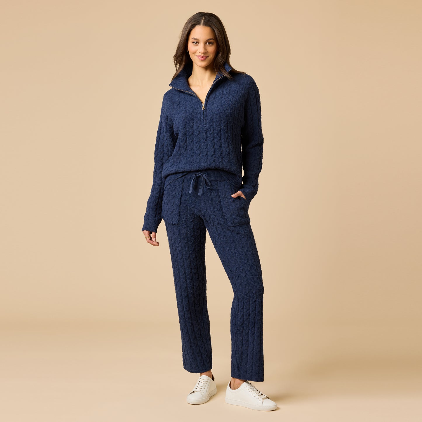 Cable Knit Marshmallow 1/2 Zip with Tapered Pant in Midnight