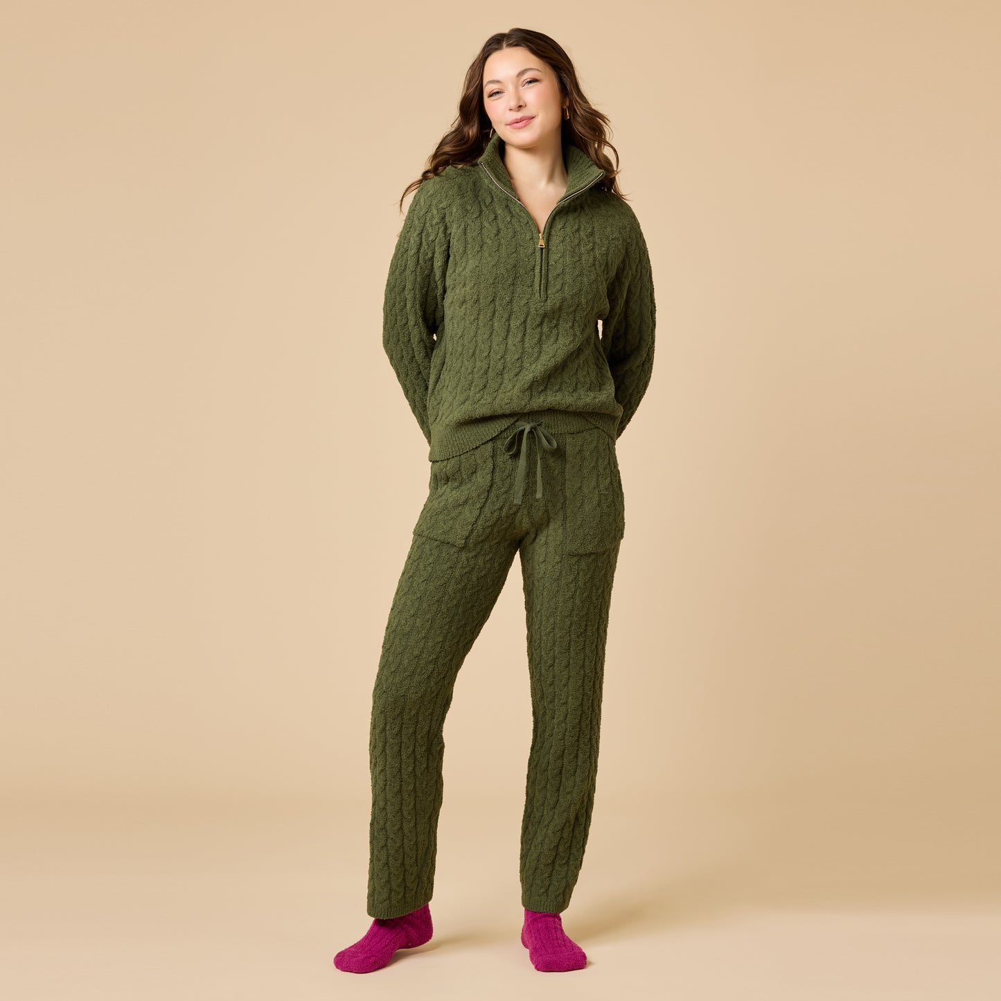 Cable Knit Marshmallow 1/2 Zip with Tapered Pant in Olive