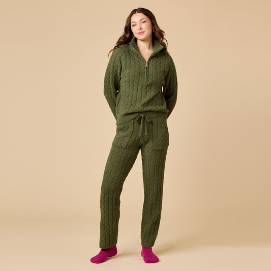 Cable Knit Marshmallow 1/2 Zip with Tapered Pant in Olive