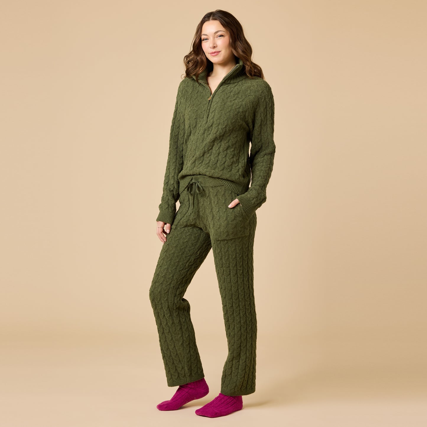 Cable Knit Marshmallow 1/2 Zip with Tapered Pant in Olive