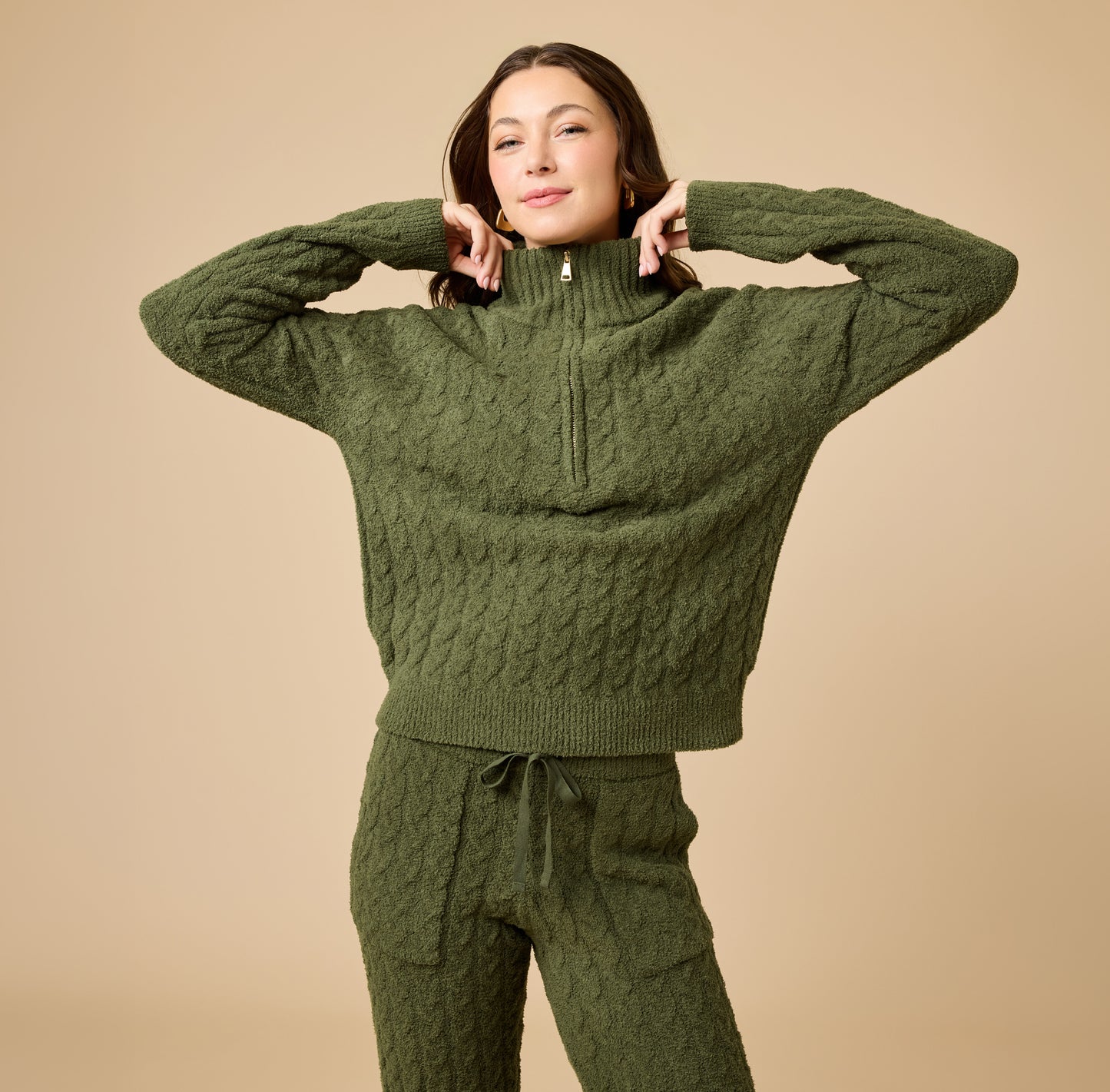 Cable Knit Marshmallow 1/2 Zip with Tapered Pant in Olive
