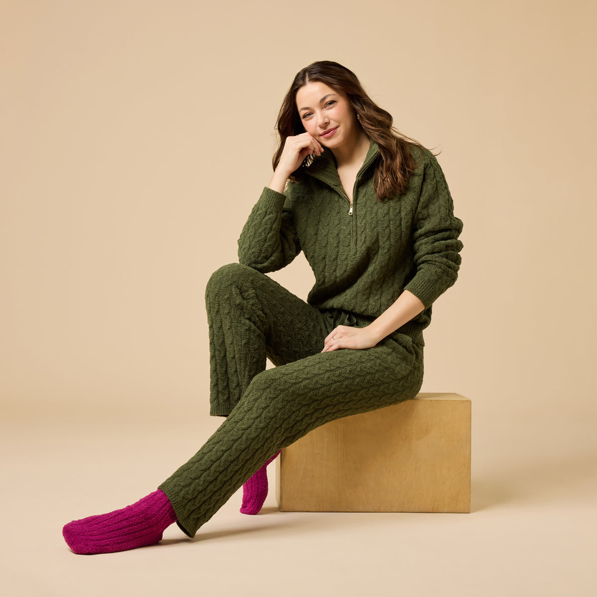 Cable Knit Marshmallow 1/2 Zip with Tapered Pant Cable Knit Marshmallow 1/2 Zip with Tapered Pant in Olive