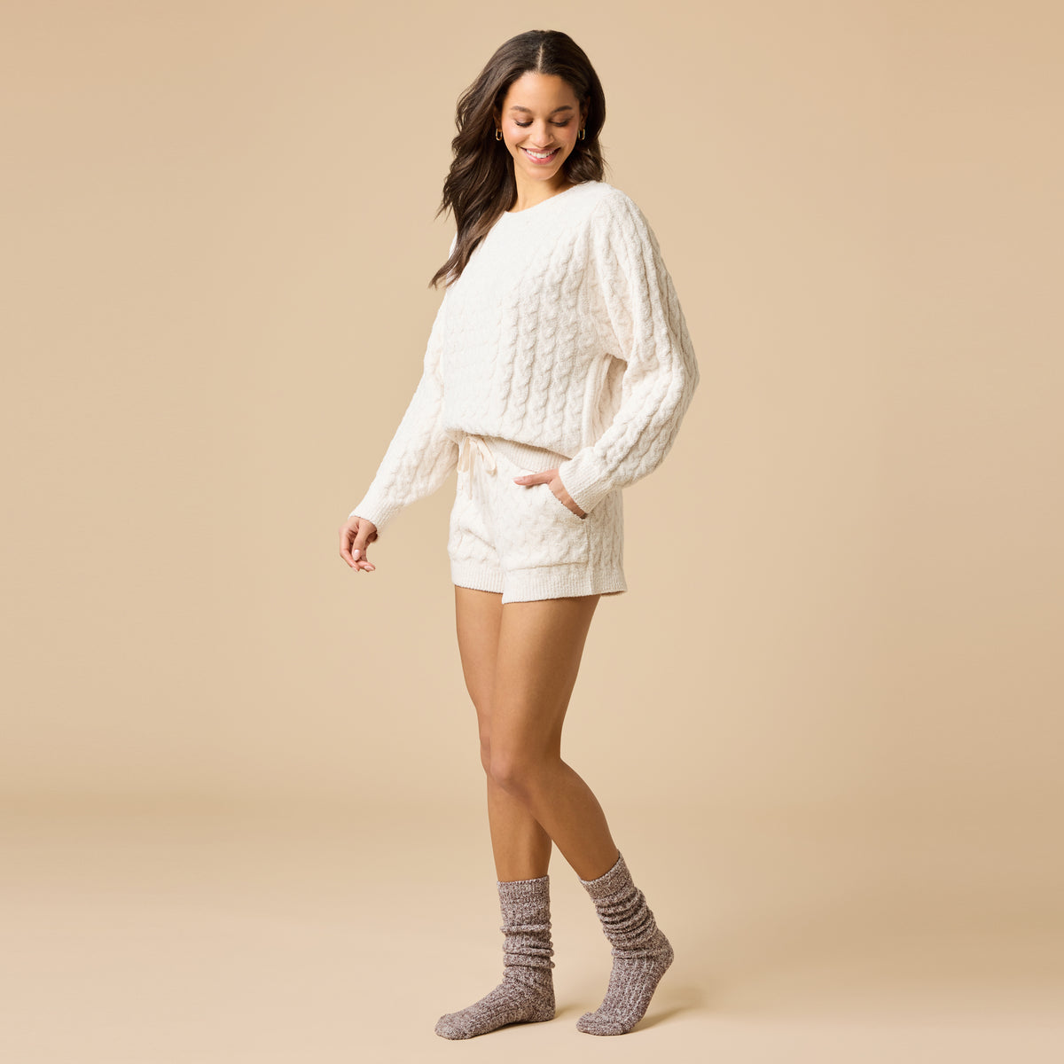 Cable Knit Marshmallow Crew Neck with Short Set Cable Knit Marshmallow Crew Neck with Short Set in Almond