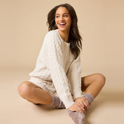 Cable Knit Marshmallow Crew Neck with Short Set Cable Knit Marshmallow Crew Neck with Short Set in Almond