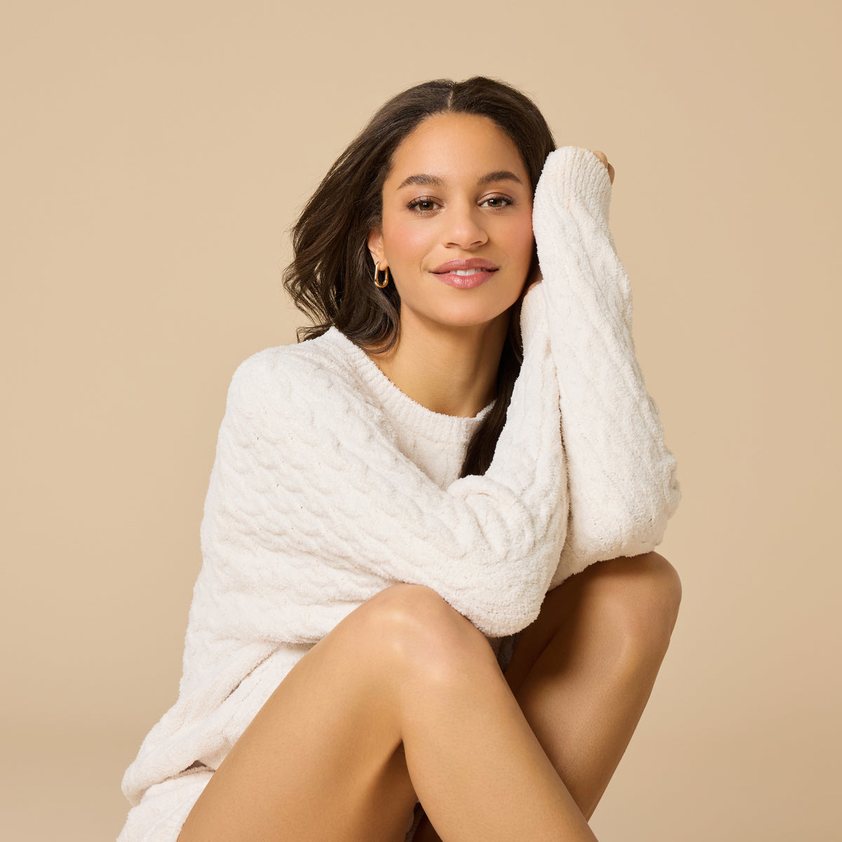 Cable Knit Marshmallow Crew Neck with Short Set Cable Knit Marshmallow Crew Neck with Short Set in Almond