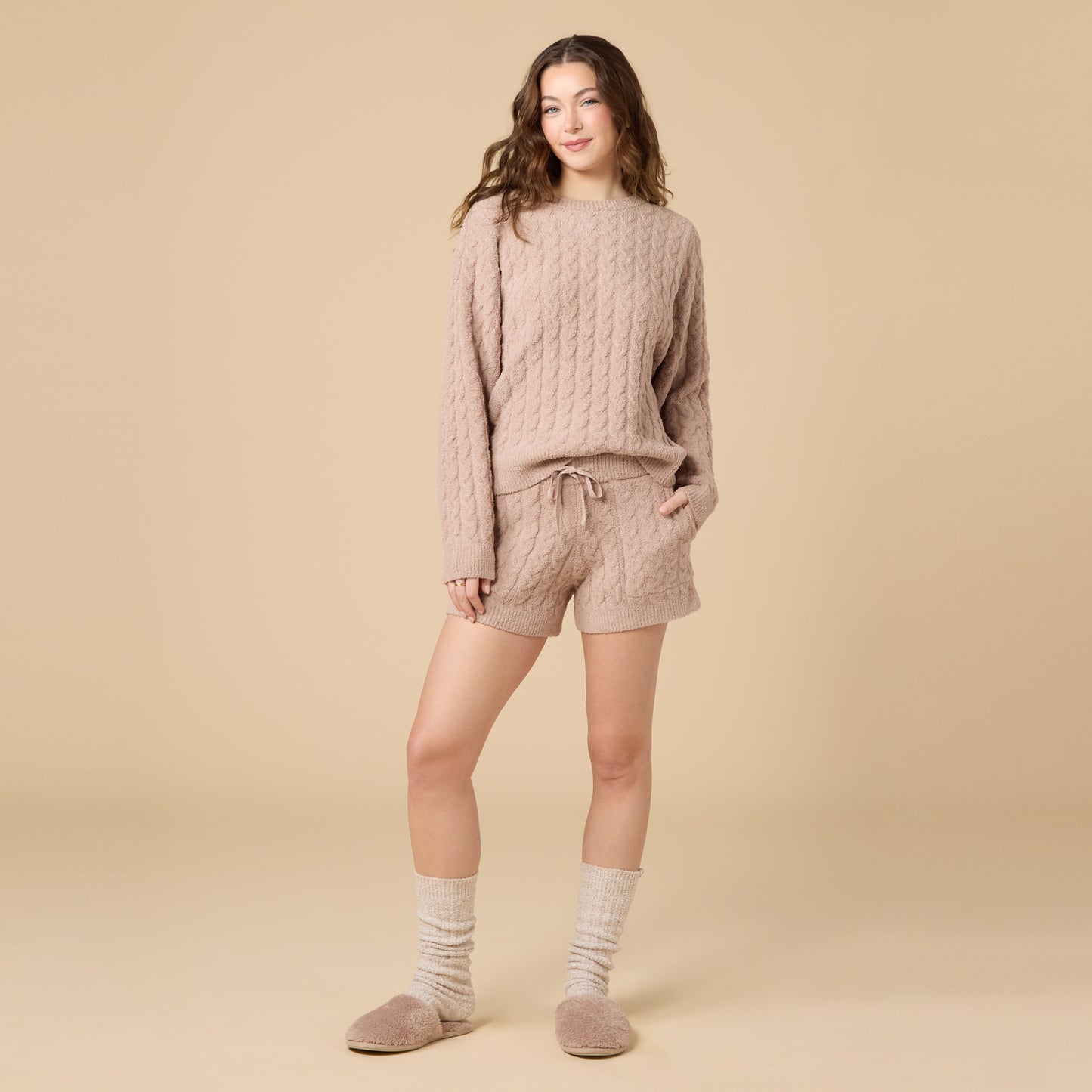 Cable Knit Marshmallow Crew Neck with Short Set in Coco