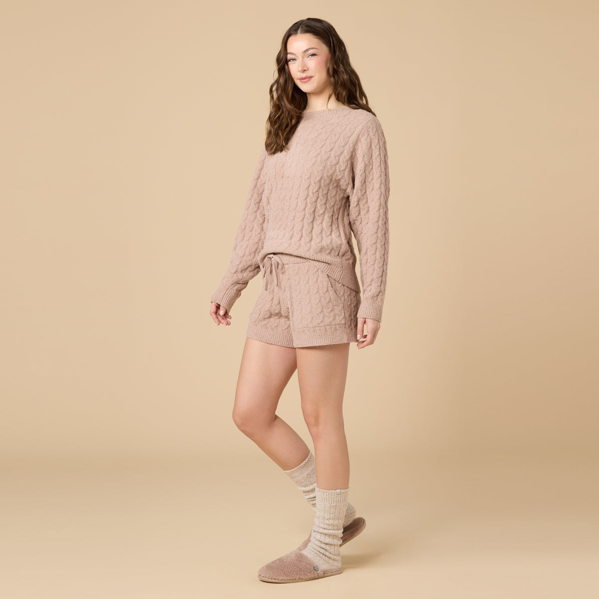 Cable Knit Marshmallow Crew Neck with Short Set Cable Knit Marshmallow Crew Neck with Short Set in Coco