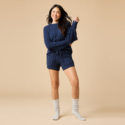 Cable Knit Marshmallow Crew Neck with Short Set Cable Knit Marshmallow Crew Neck with Short Set in Midnight