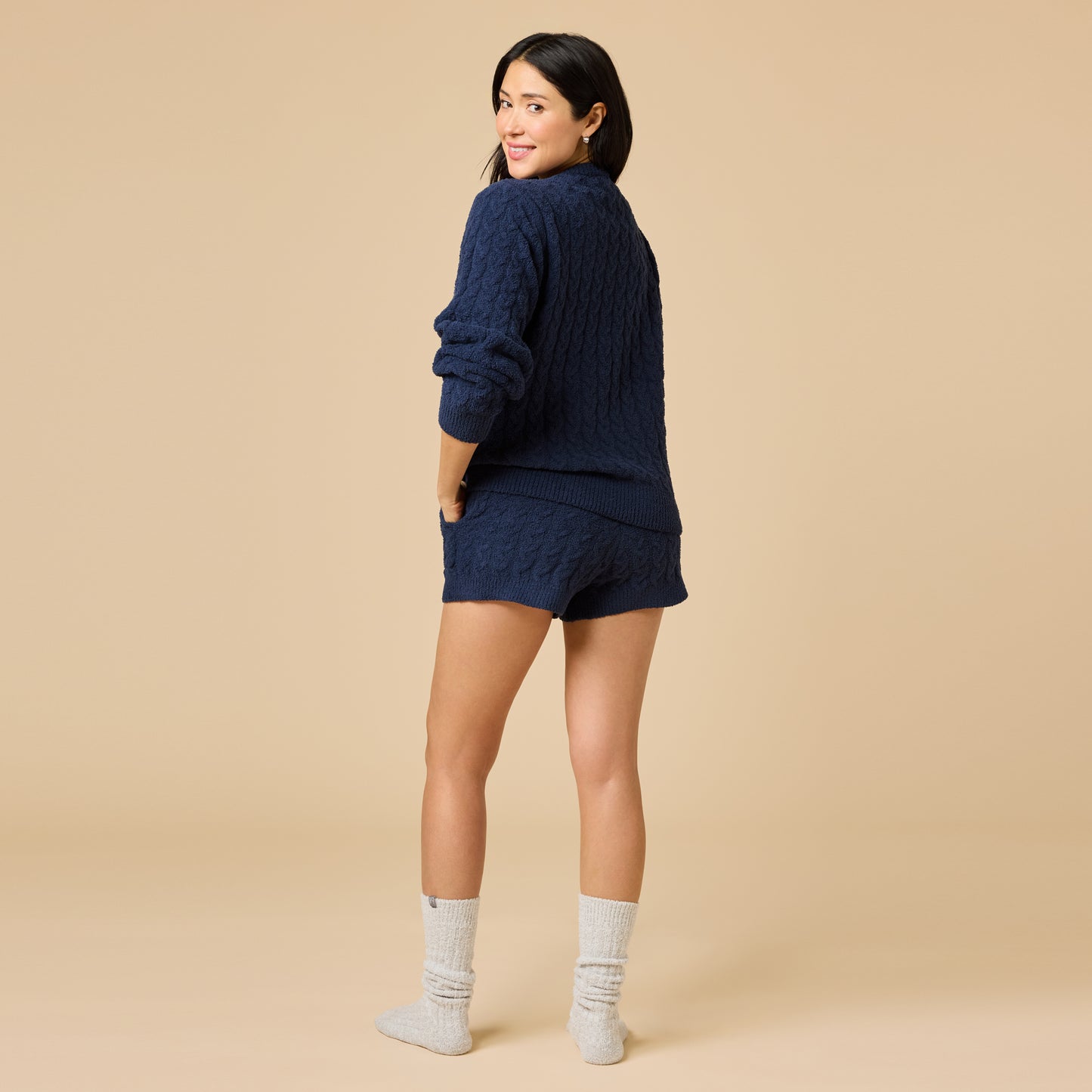 Cable Knit Marshmallow Crew Neck with Short Set in Midnight