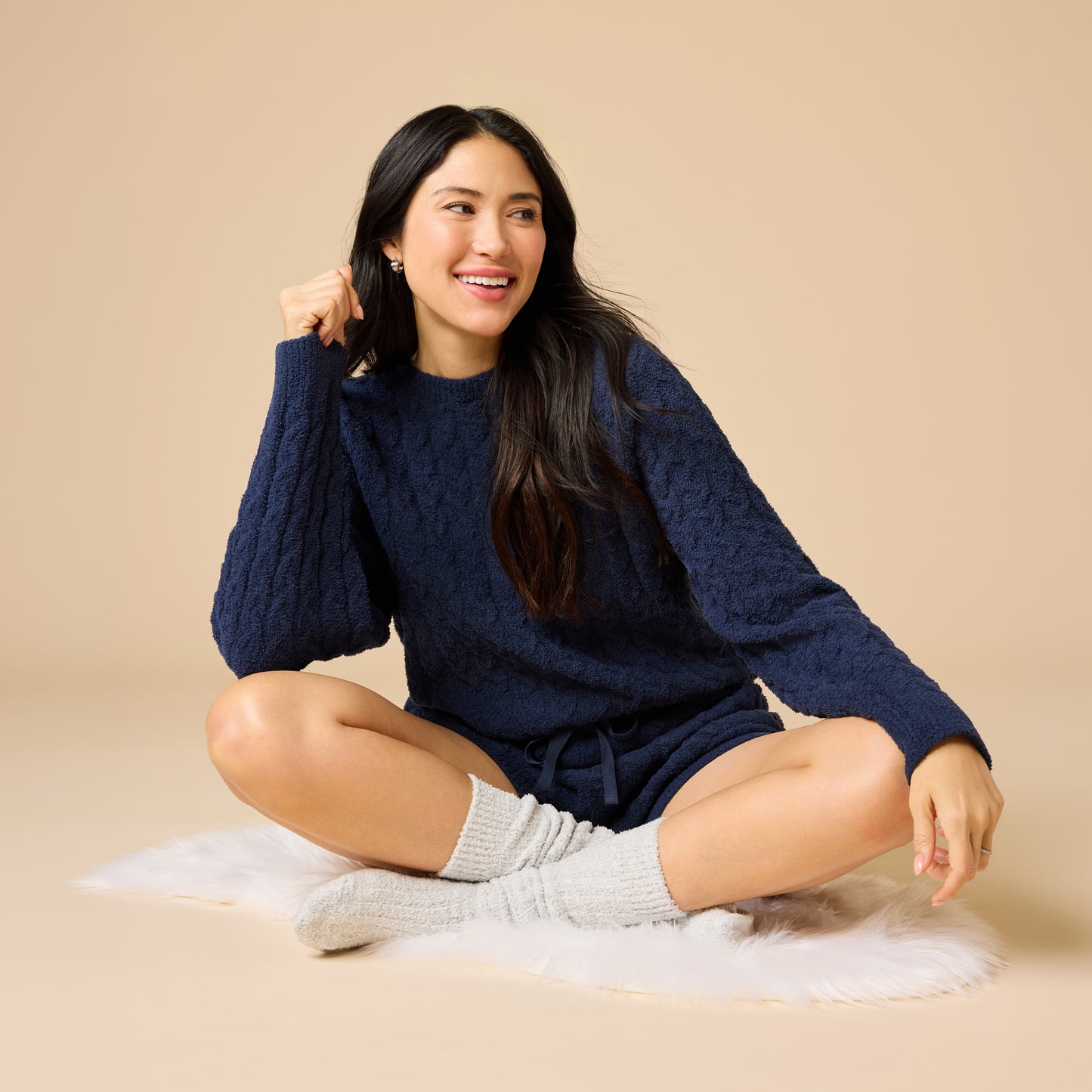 Cable Knit Marshmallow Crew Neck with Short Set in Midnight