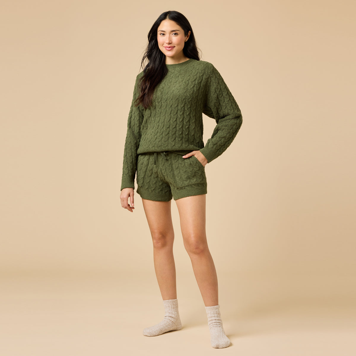 Cable Knit Marshmallow Crew Neck with Short Set Cable Knit Marshmallow Crew Neck with Short Set in Olive