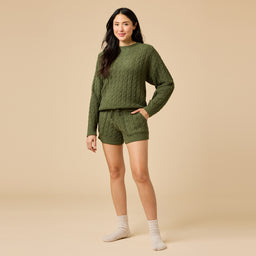 Cable Knit Marshmallow Crew Neck with Short Set Cable Knit Marshmallow Crew Neck with Short Set in Olive