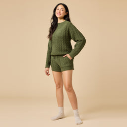 Cable Knit Marshmallow Crew Neck with Short Set Cable Knit Marshmallow Crew Neck with Short Set in Olive